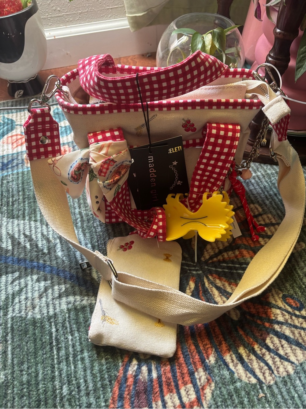 Madden Girl Cream Canvas Crossbody with Red Gingham Trim and Pasta Accent